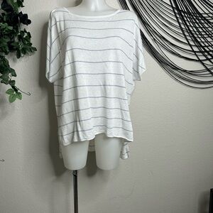 Max Studio White Gray Linen blend Striped Boxy Short Sleeve T-Shirt
